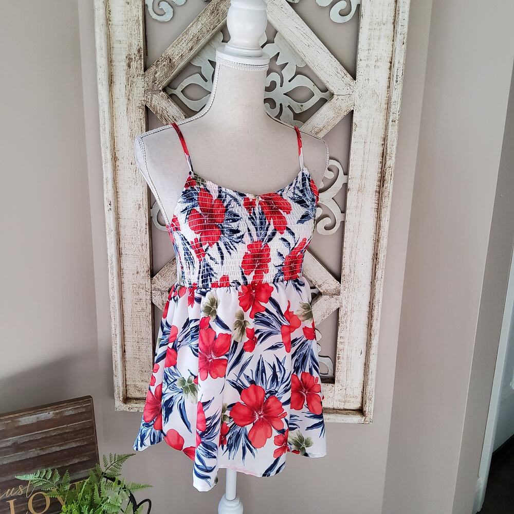 Perfect Peach Tropical Hibiscus Smocked Babydoll Tank Top Red Boho Soft Girl